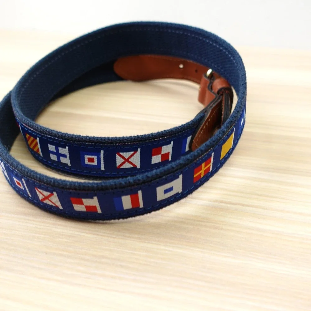 ZEP PRO Canvas Belt Mens 40 L Navy Nautical Flag Leather Solid‎ Brass Buckle USA